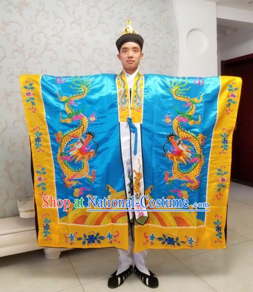 Chinese National Taoism Embroidered Dragons Blue Cassock Traditional Taoist Priest Rites Costume for Men