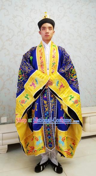 Chinese National Taoism Embroidered Dragons Royalblue Cassock Traditional Taoist Priest Rites Costume for Men