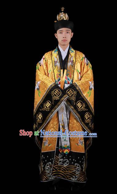 Chinese National Taoism Embroidered Cranes Yellow Cassock Traditional Taoist Priest Rites Costume for Men