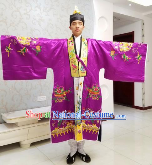 Chinese National Taoism Embroidered Purple Cassock Traditional Taoist Priest Rites Costume for Men