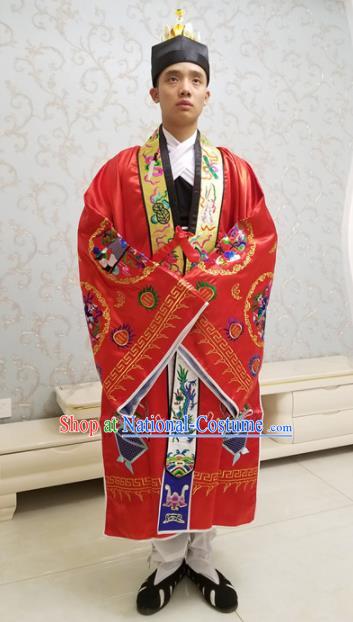 Chinese National Taoism Embroidered Crane Tower Red Cassock Traditional Taoist Priest Rites Costume for Men