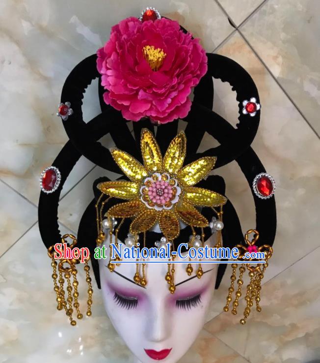 Chinese Traditional Beijing Opera Peri Wigs and Rosy Peony Hairpins Peking Opera Princess Hair Accessories for Women