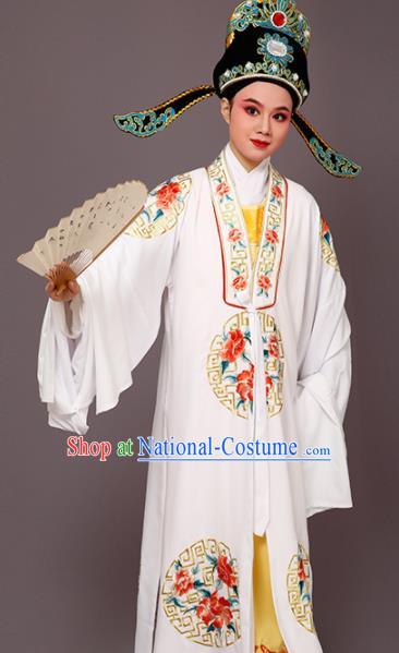 Chinese Traditional Peking Opera Niche Embroidered Peony White Robe Beijing Opera Scholar Costume for Men