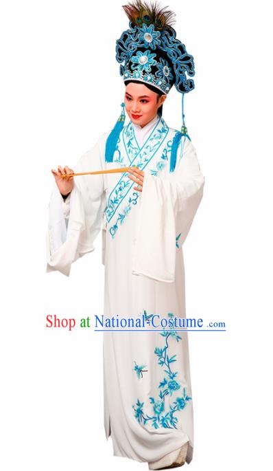 Chinese Traditional Peking Opera Scholar Embroidered Peony White Robe Beijing Opera Niche Costume for Men