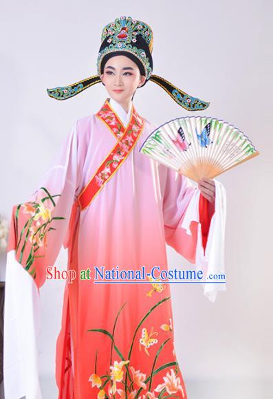 Chinese Traditional Peking Opera Gifted Scholar Embroidered Orchid Rosy Robe Beijing Opera Niche Costume for Men