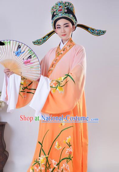 Chinese Traditional Peking Opera Gifted Scholar Embroidered Orchid Orange Robe Beijing Opera Niche Costume for Men