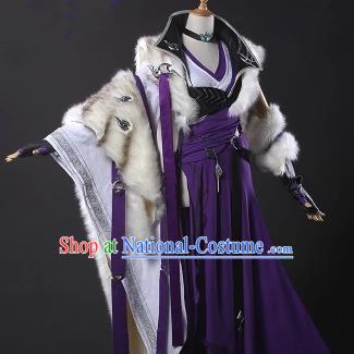 Chinese Traditional Cosplay Female Knight Embroidered Purple Dress Ancient Swordswoman Winter Costume for Women