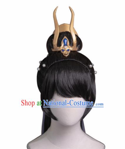 Chinese Traditional Cosplay Female Knight Wigs Ancient Swordswoman Wig Sheath and Hairpins Hair Accessories for Women