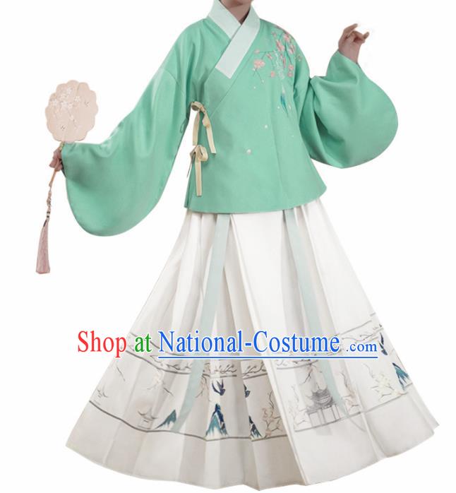 Chinese Traditional Ming Dynasty Green Blouse and White Skirt Ancient Nobility Lady Costume for Women