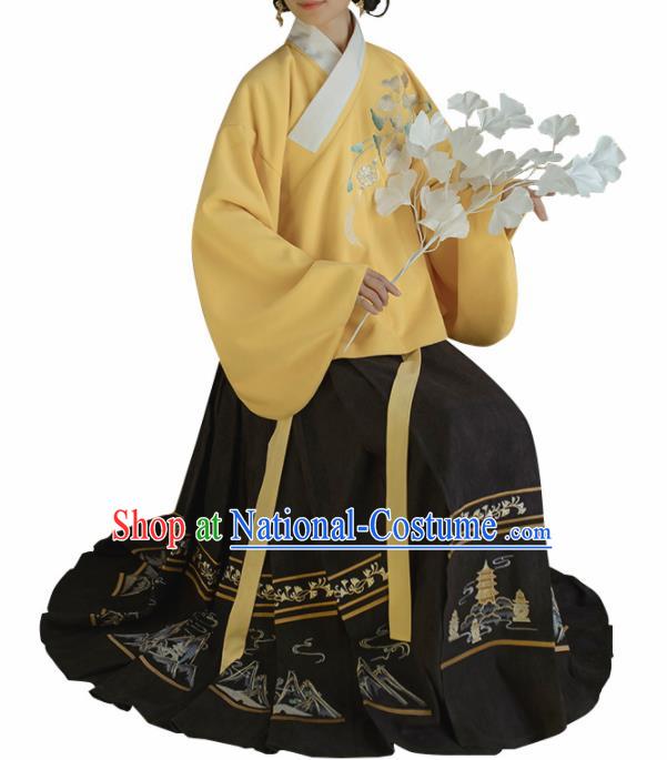 Chinese Traditional Ming Dynasty Yellow Blouse and Black Skirt Ancient Nobility Lady Costume for Women