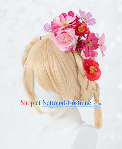 Japanese Traditional Cosplay Princess Wigs Ancient Kimono Wig Sheath and Pink Rose Hairpins Hair Accessories for Women