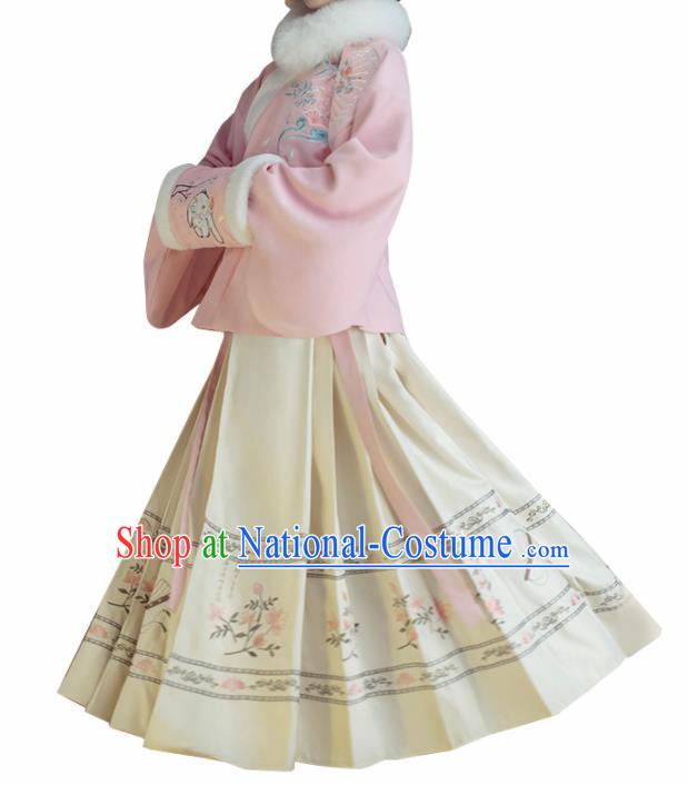 Chinese Traditional Ming Dynasty Pink Blouse and Beige Skirt Ancient Nobility Lady Costume for Women