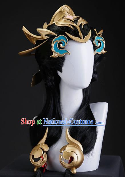 Chinese Traditional Cosplay Swordswoman Hair Accessories Ancient Imperial Consort Wigs and Hair Crown for Women