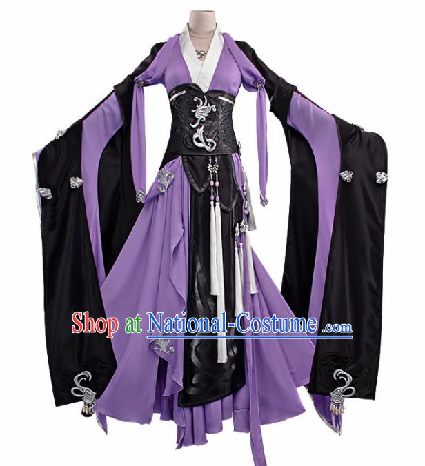 Chinese Traditional Cosplay Peri Princess Costume Ancient Swordswoman Purple Hanfu Dress for Women