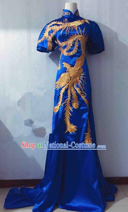 Traditional Chinese Modern Fancywork Costume National Blue Qipao Dress for Women