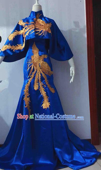 Traditional Chinese Modern Fancywork Costume National Cheongsam Embroidered Phoenix Blue Full Dress for Women