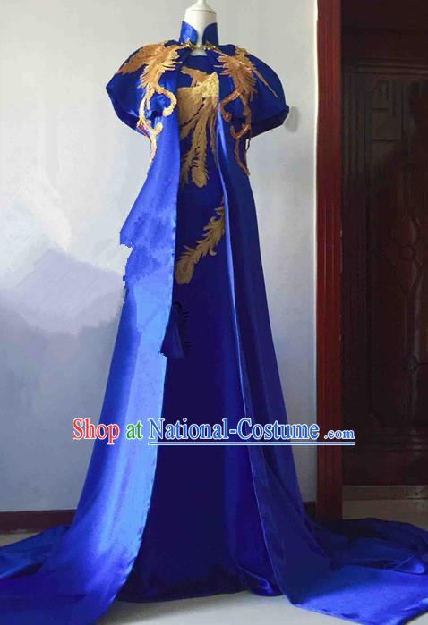 Traditional Chinese Modern Fancywork Costume Embroidered Phoenix Royalblue Full Dress for Women