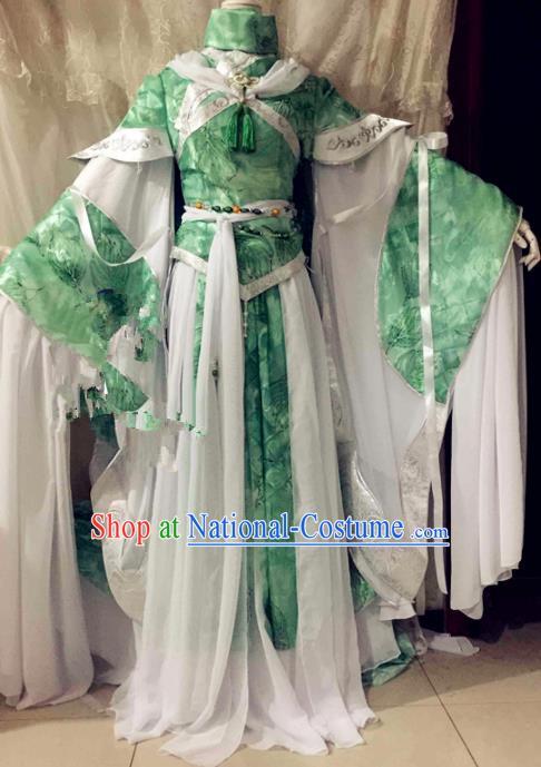 Chinese Traditional Cosplay Swordswoman Costume Ancient Peri Princess Green Hanfu Dress for Women