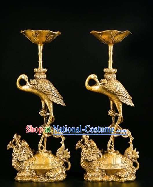 Chinese Traditional Feng Shui Items Buddhism Brass Cranes Candlestick Decoration