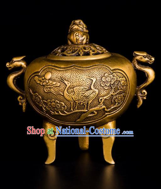 Chinese Traditional Taoism Carving Crane Brass Incense Burner Feng Shui Items Bagua Censer Decoration