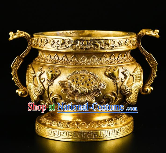 Chinese Traditional Carving Lotus Crane Brass Incense Burner Taoism Bagua Feng Shui Items Censer Decoration