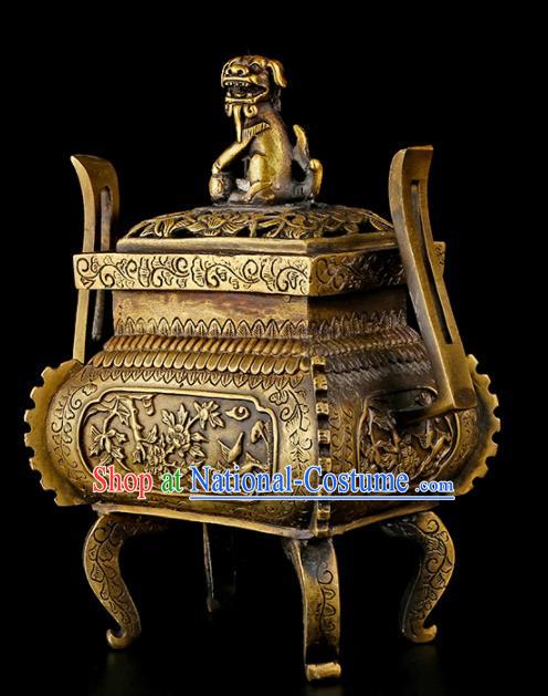 Chinese Traditional Carving Peony Brass Incense Burner Taoism Bagua Feng Shui Items Censer Decoration