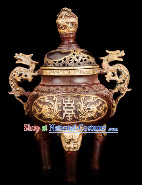 Chinese Traditional Taoism Bagua Carving Dragon Brass Incense Burner Feng Shui Items Censer Decoration