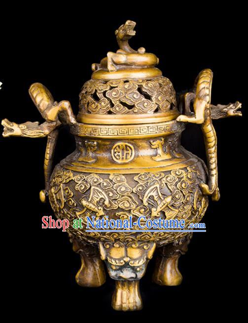 Chinese Traditional Taoism Bagua Carving Bats Dragon Brass Incense Burner Feng Shui Items Censer Decoration