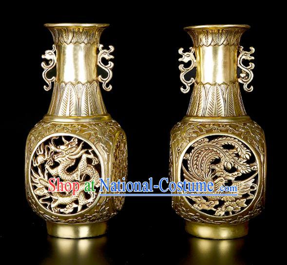 Chinese Traditional Feng Shui Items Taoism Bagua Brass Carving Dragon Phoenix Vase Decoration