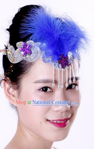 Chinese Traditional Yangko Dance Royalblue Feather Tassel Hair Clasp National Folk Dance Hair Accessories for Women