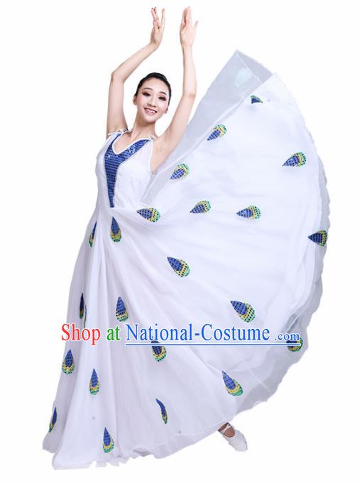 Chinese Traditional Ethnic Folk Dance Costume Dai Nationality Peacock Dance White Dress for Women