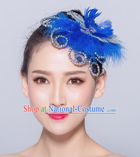 Chinese Traditional Folk Dance Deep Blue Feather Hair Accessories Stage Performance Yangko Dance Hair Stick for Women