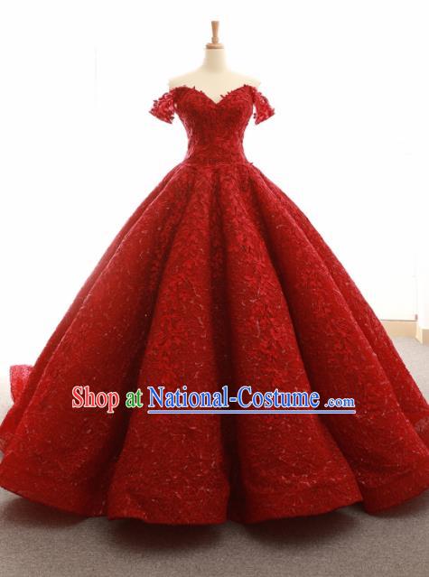 Top Grade Compere Trailing Full Dress Princess Red Wedding Dress Costume for Women