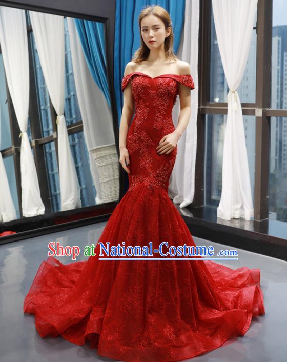 Top Grade Compere Red Trailing Full Dress Princess Fishtail Wedding Dress Costume for Women