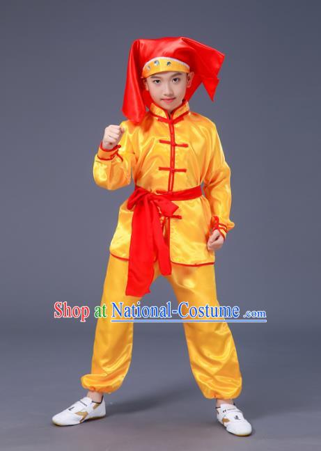 Chnese Traditional Folk Dance Costume Martial Arts Kung Fu Yellow Clothing for Kids