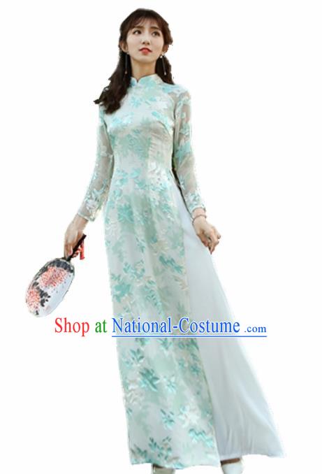 Asian Vietnam Traditional Printing Cheongsam Vietnamese Classical Aodai Qipao Dress for Women