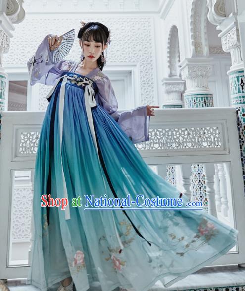 Chinese Traditional Tang Dynasty Court Princess Blue Hanfu Dress Ancient Peri Embroidered Costume for Women