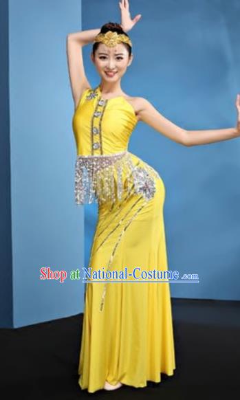 Chinese Traditional Ethnic Folk Dance Yellow Dress Dai Nationality Peacock Dance Costume for Women