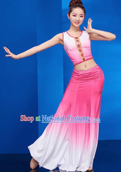 Chinese Traditional Ethnic Folk Dance Pink Dress Dai Nationality Peacock Dance Costume for Women