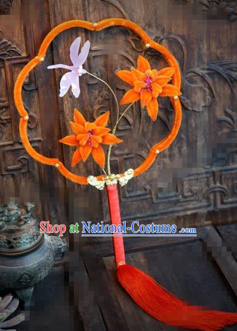 Chinese Traditional Palace Fans Ancient Queen Orange Velvet Lotus Round Fans for Women