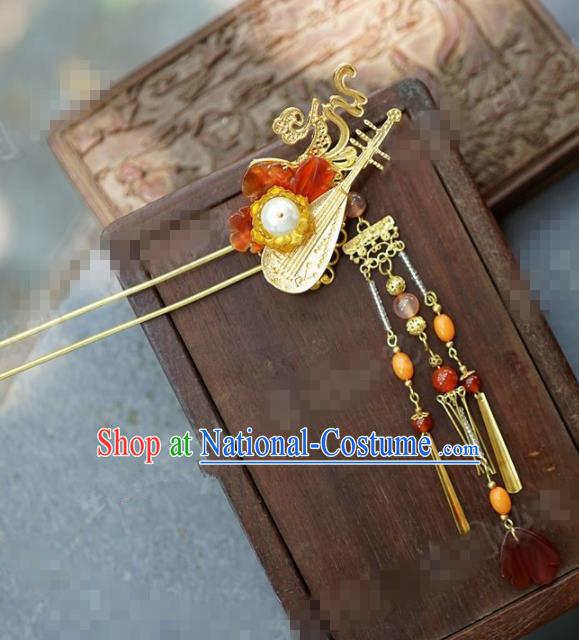 Chinese Traditional Palace Hair Accessories Ancient Golden Lute Hairpins Headwear for Women