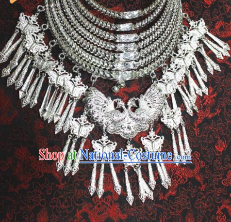 Chinese Traditional Miao Nationality Necklet Hmong Wedding Sliver Peacock Necklace for Women