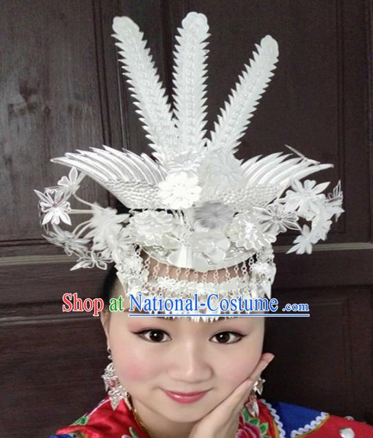 Chinese Traditional Ethnic Wedding Sliver Phoenix Coronet Hair Accessories Miao Nationality Bride Hairpins for Women