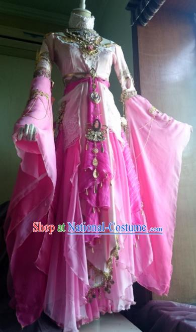 Chinese Traditional Cosplay Peri Princess Costume Ancient Female Knight Swordswoman Pink Dress for Women