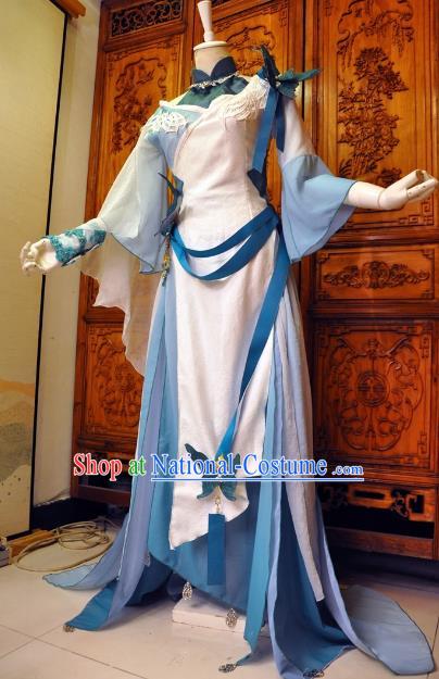 Chinese Traditional Cosplay Female Knight Princess Costume Ancient Peri Swordswoman Blue Dress for Women