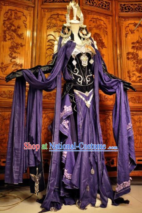 Chinese Traditional Cosplay Female Knight Costume Ancient Swordswoman Purple Dress for Women