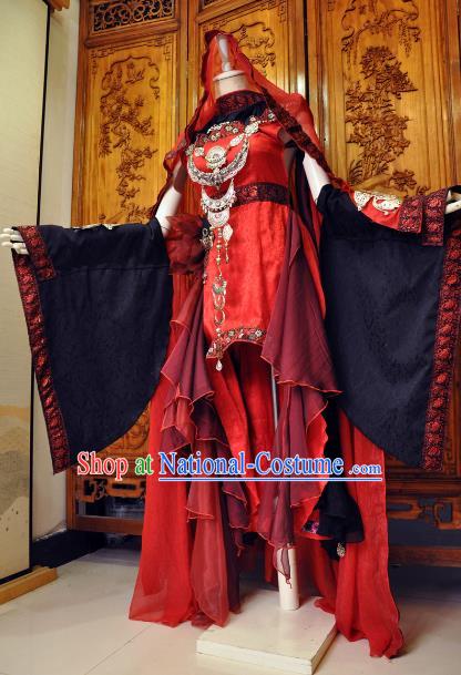 Chinese Traditional Cosplay Female Knight Costume Ancient Swordswoman Red Dress for Women