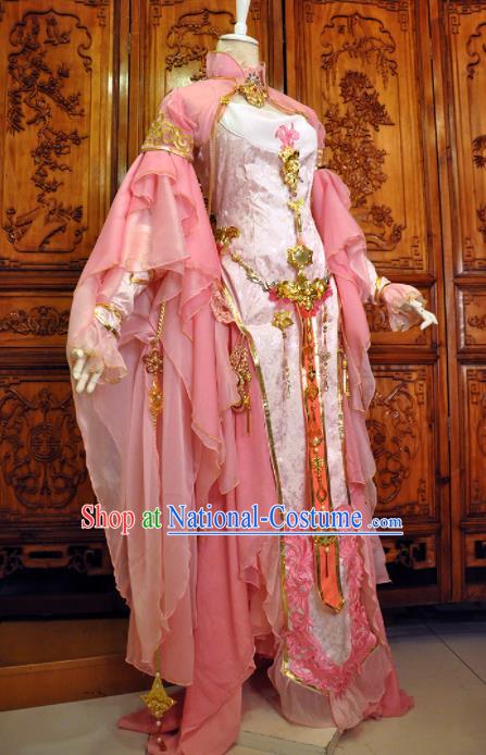 Chinese Traditional Cosplay Heroine Costume Ancient Swordswoman Female Knight Pink Dress for Women