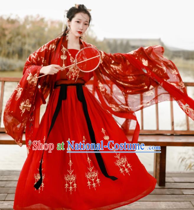 Traditional Chinese Tang Dynasty Wedding Embroidered Historical Costume Ancient Princess Red Hanfu Dress for Women