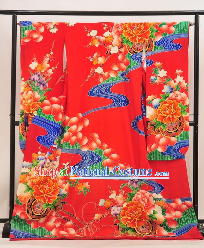 Japan Traditional Princess Costume Red Yukata Dress Japanese Wedding Furisode Kimono for Women